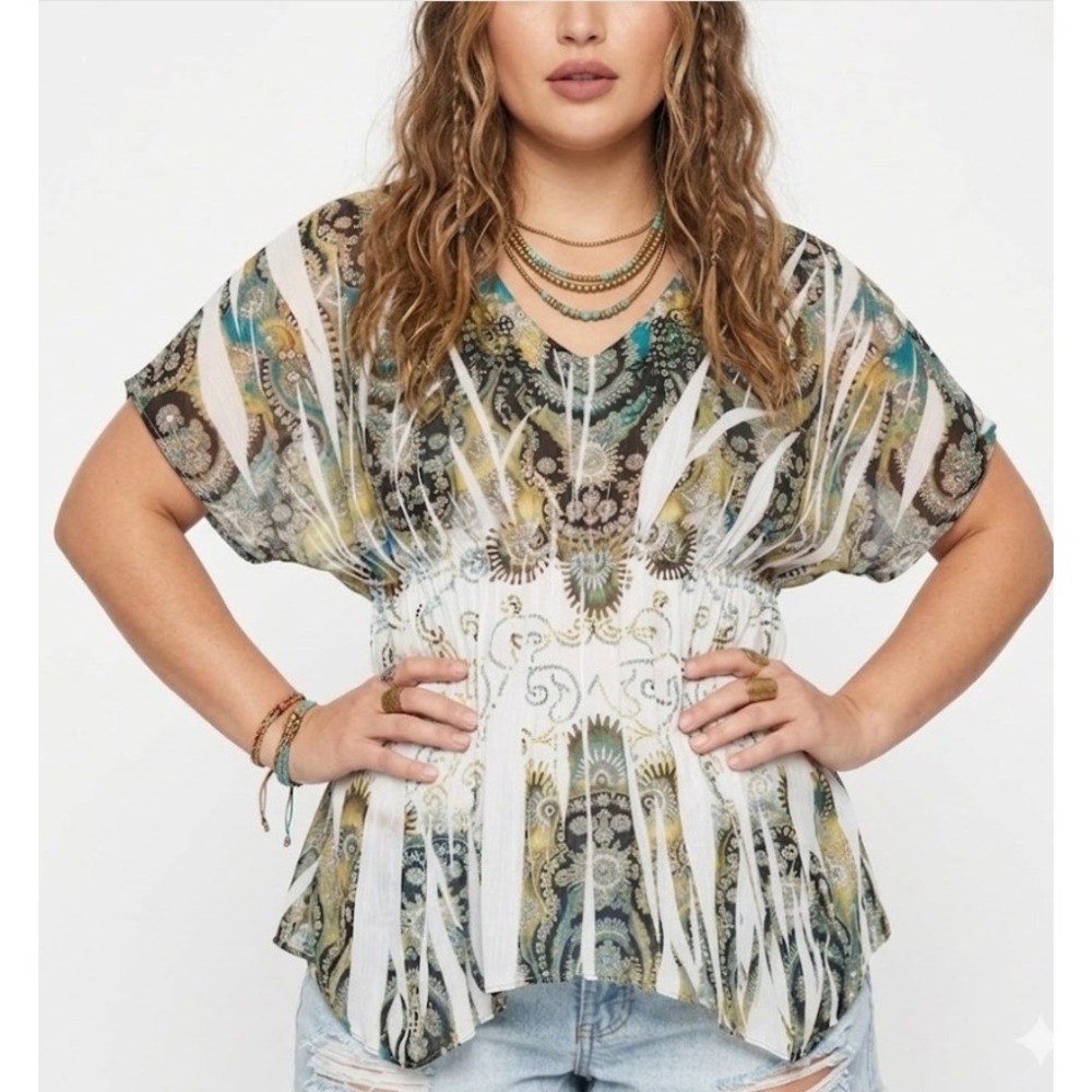 Style & Co Top size 2X Multi Color Embellished Asymmetric Hem Boho Festival